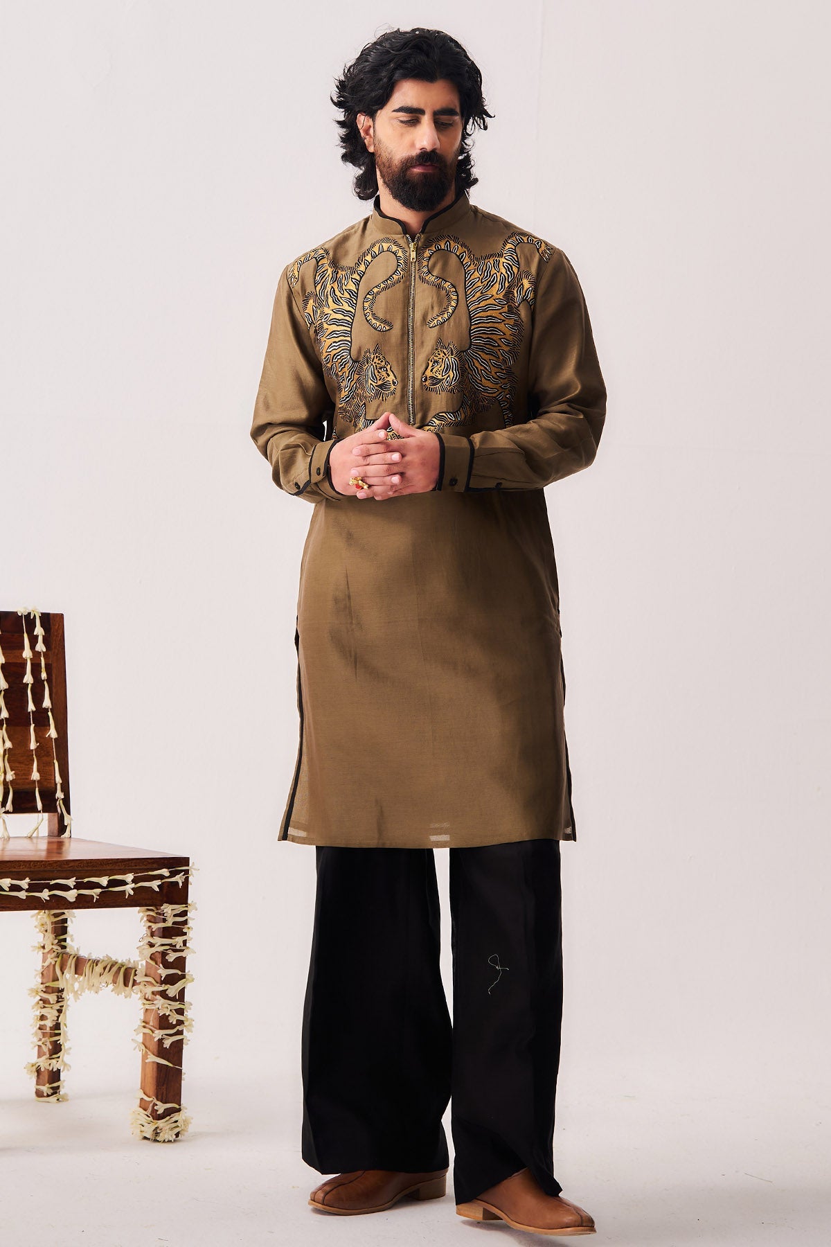 Buy Olive Brown Chanderi Kurta Set for Men by WABI SABI available online at ScrollnShops
